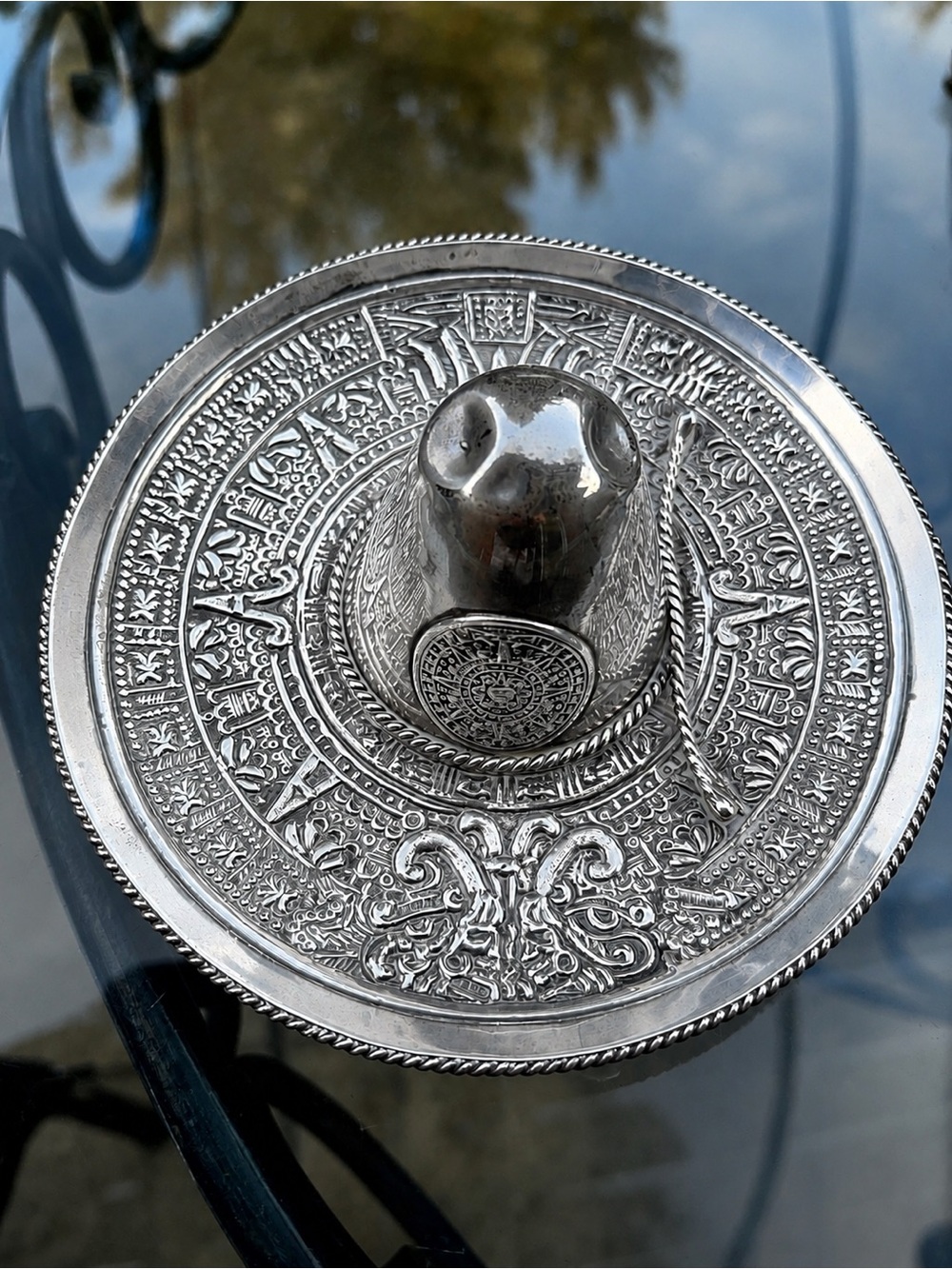 Vintage Sterling Silver Sombrero Trinket Dish Ashtray Aztec Calendar  Southwest